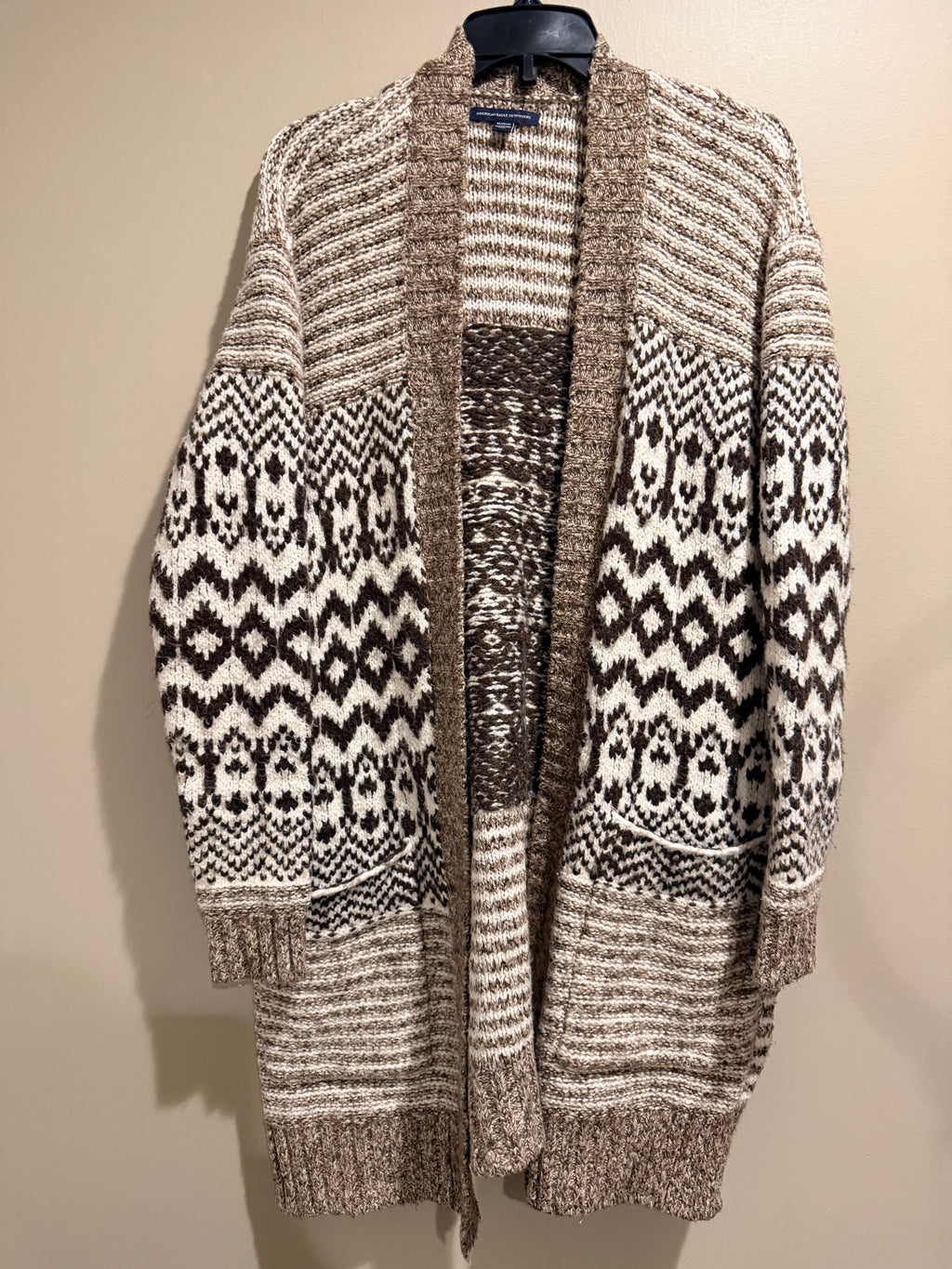 American Eagle Fair Isle Long Cardigan Sweater Brown Cream Boho M