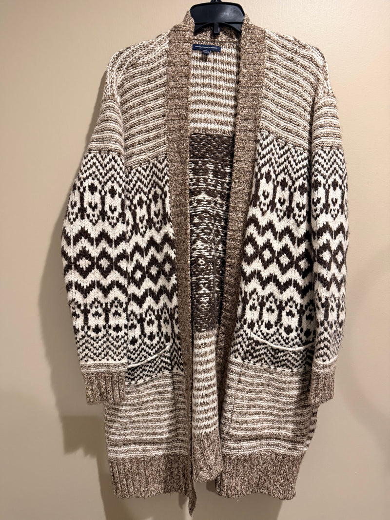 American Eagle Fair Isle Long Cardigan Sweater Brown Cream Boho M