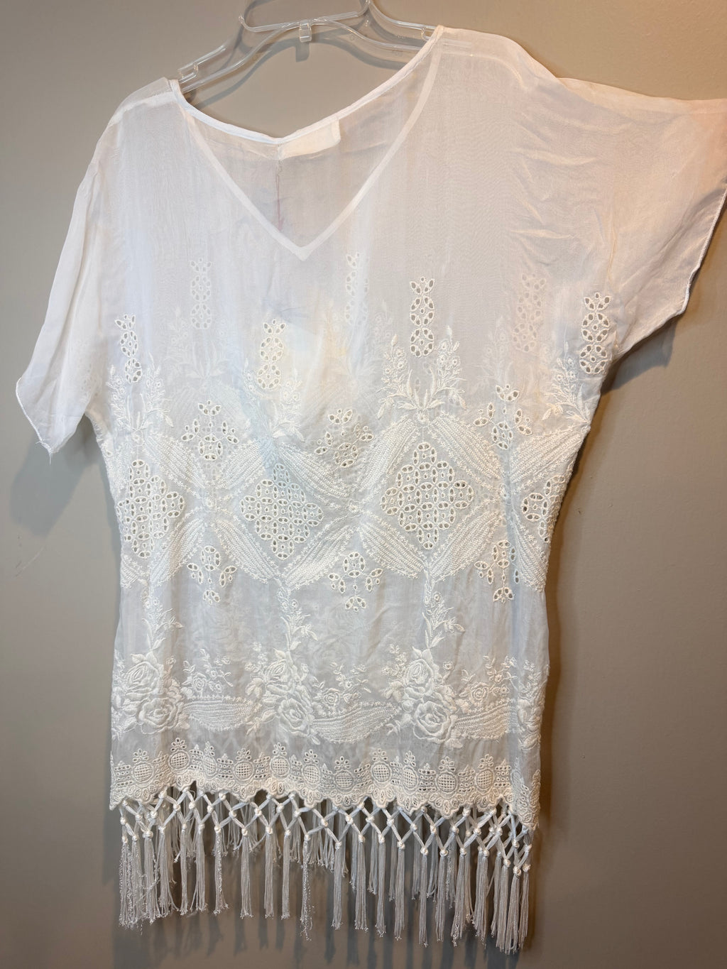 Johnny Was White Embroidered Fringe Tunic Boho Resort XS NWT