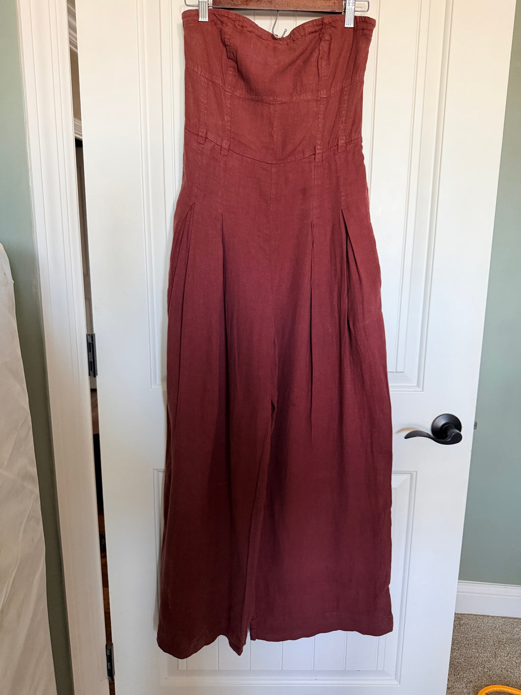 Anthropologie 100% Linen Strapless Wide Leg Jumpsuit Rust 6
