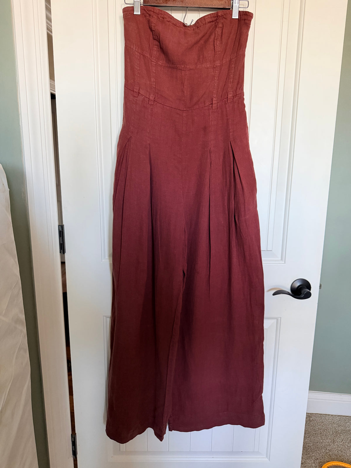 Anthropologie 100% Linen Strapless Wide Leg Jumpsuit Rust 6
