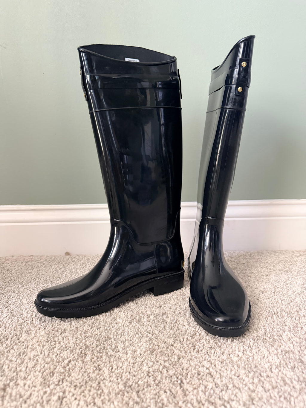 Lauren Ralph Lauren Rossalyn II Black Tall Rain Boots Gold Buckle Size 6B