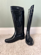 Lauren Ralph Lauren Rossalyn II Black Tall Rain Boots Gold Buckle Size 6B