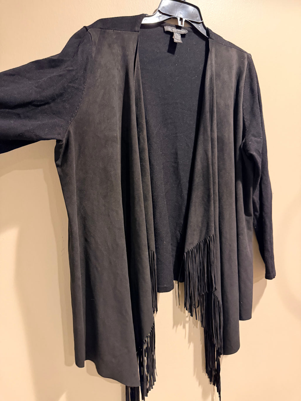 INC International Concepts 1X Black Faux Suede Fringe Open Front Cardigan