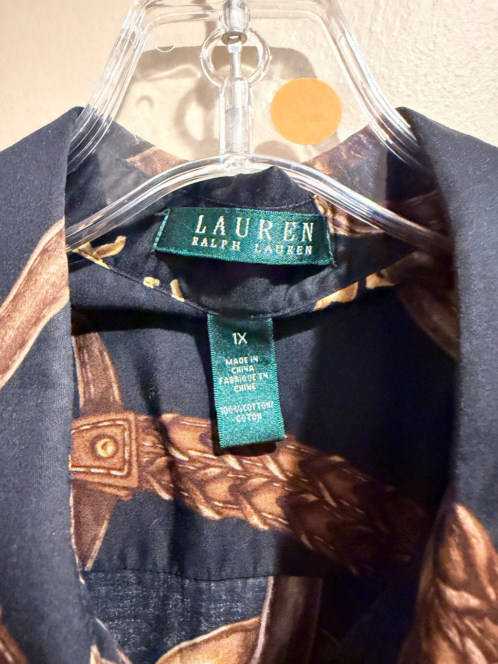 Ralph Lauren Navy Button-Down Blouse with Brown & Gold Equestrian Print