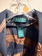 Ralph Lauren Navy Button-Down Blouse with Brown & Gold Equestrian Print