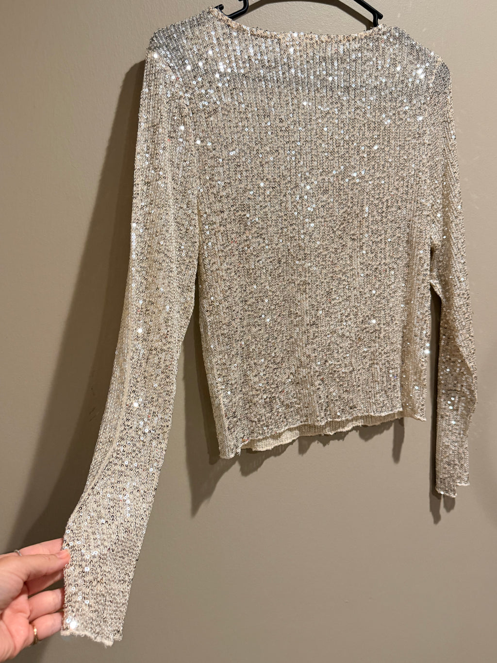 Lucky Brand Sequin Top S Champagne Silver Long Sleeve Holiday Party
