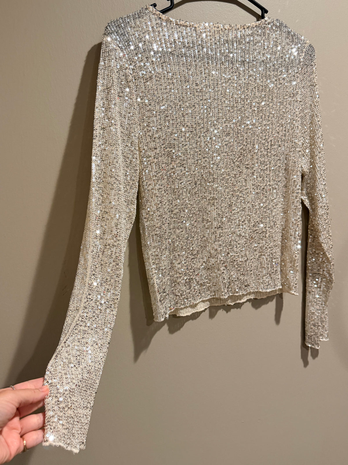 Lucky Brand Sequin Top S Champagne Silver Long Sleeve Holiday Party