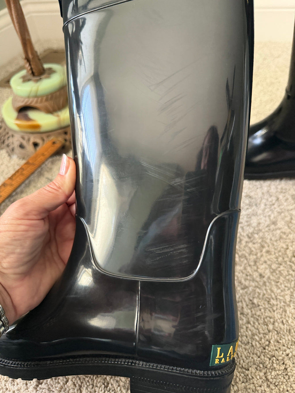 Lauren Ralph Lauren Rossalyn II Black Tall Rain Boots Gold Buckle Size 6B