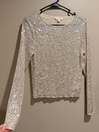 Lucky Brand Sequin Top S Champagne Silver Long Sleeve Holiday Party