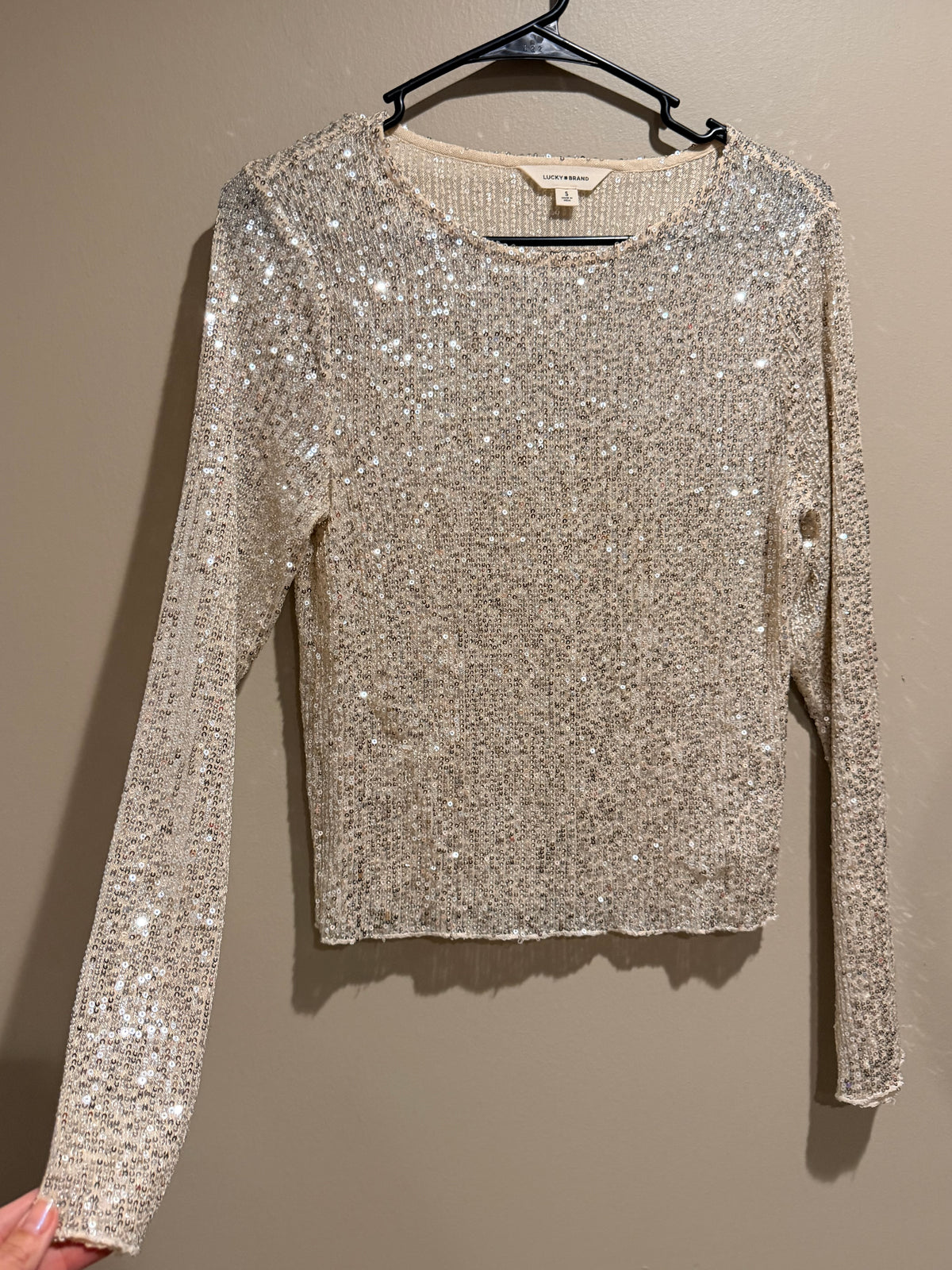 Lucky Brand Sequin Top S Champagne Silver Long Sleeve Holiday Party
