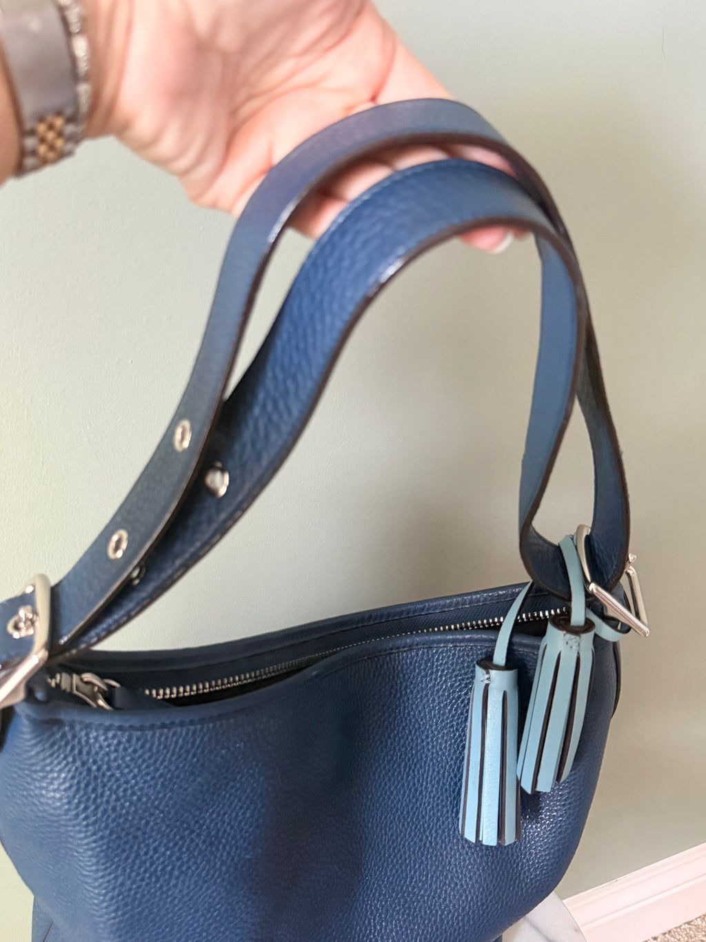 Coach Navy Blue Pebbled Leather Hobo Shoulder Bag Tassel Silver Hardware