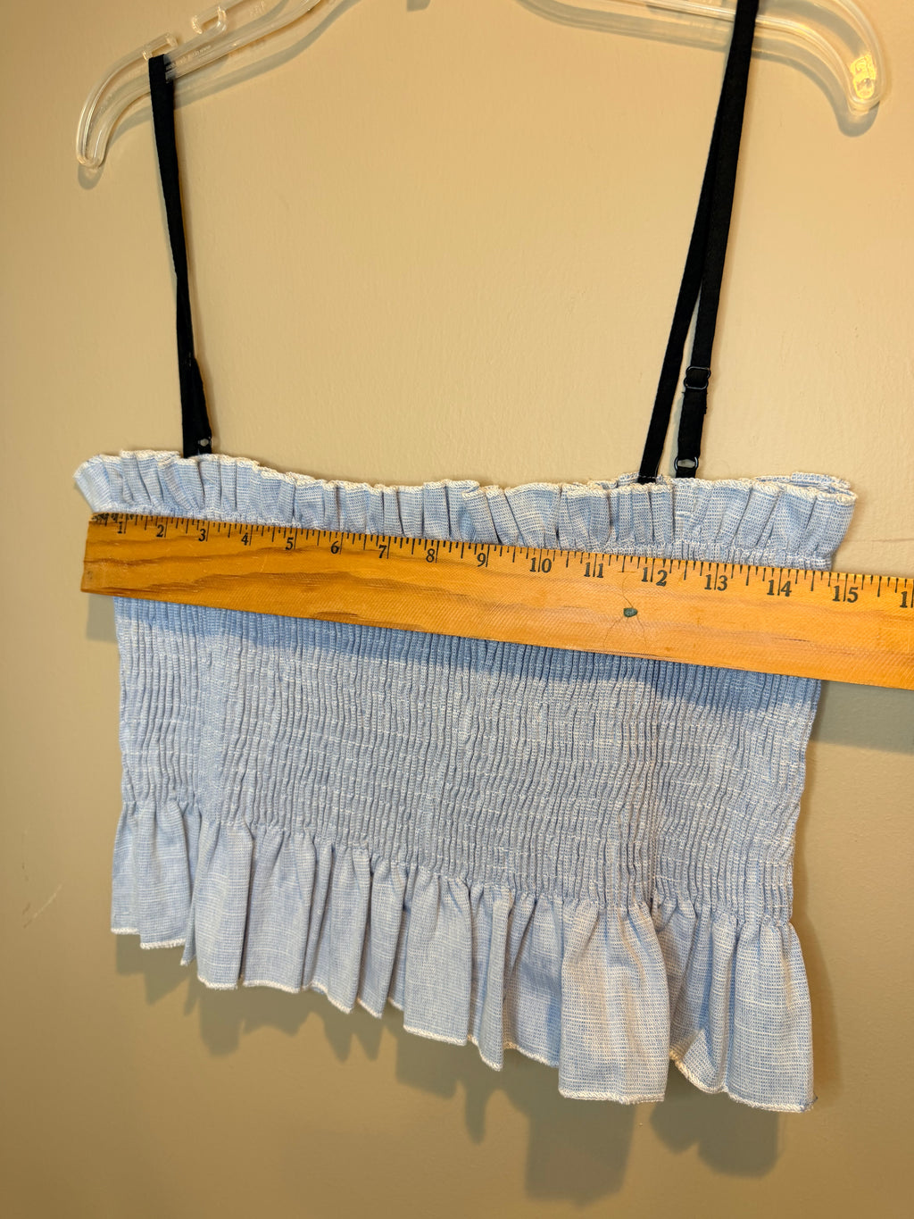 English Factory Light Blue Smocked Ruffle Crop Camisole with Black Straps