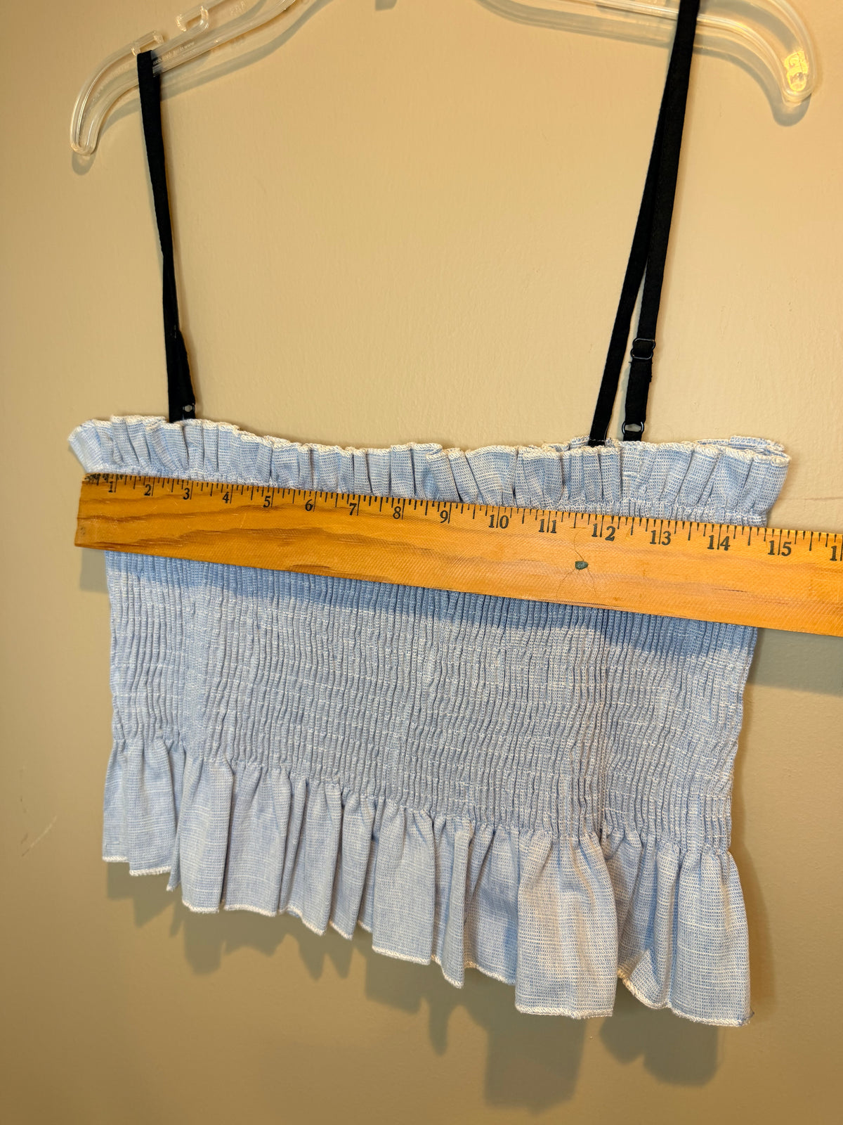 English Factory Light Blue Smocked Ruffle Crop Camisole with Black Straps