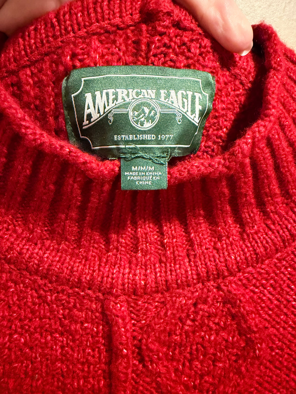 American Eagle Red Patchwork Cable Knit Mock Neck Sweater M