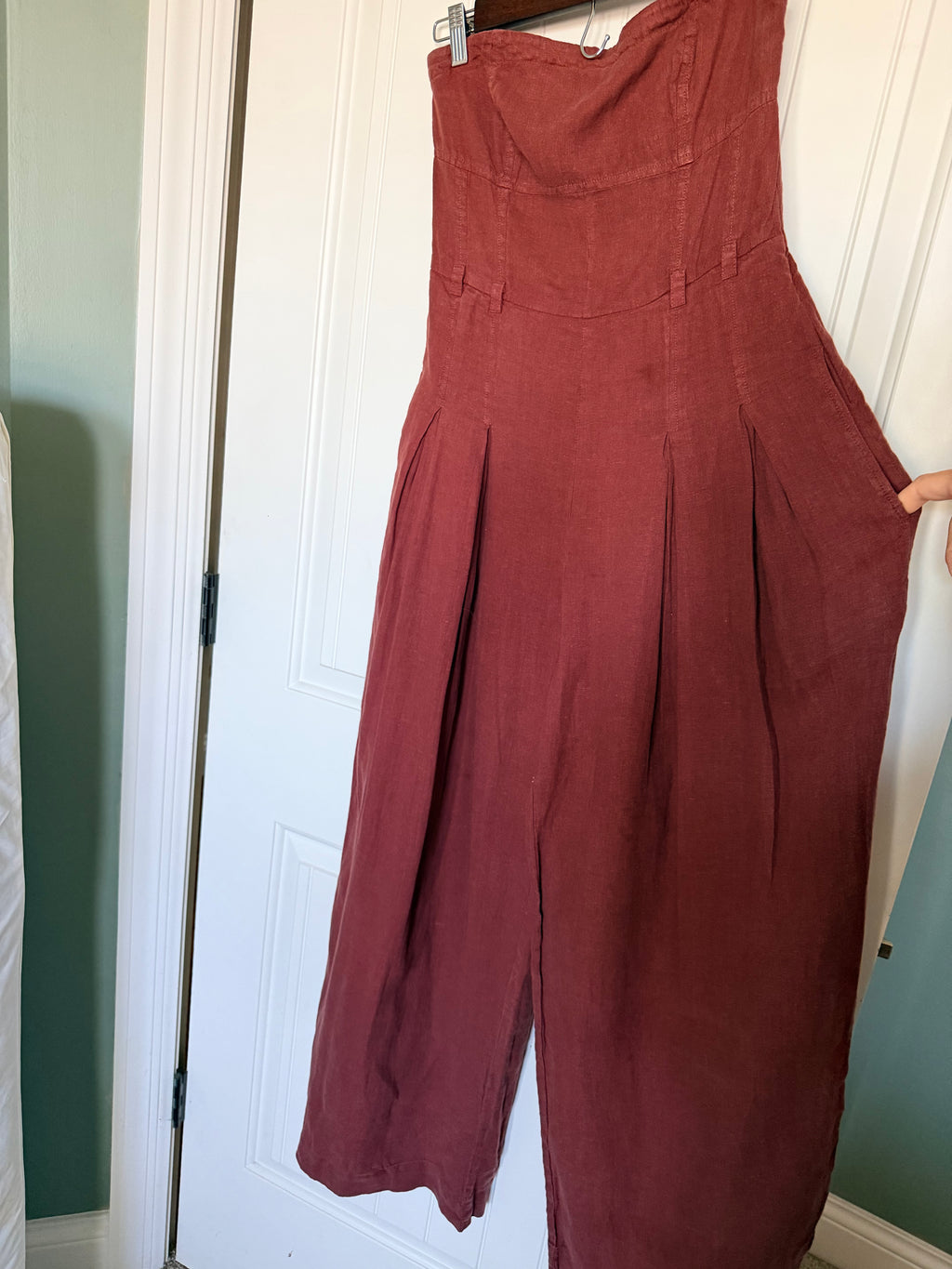 Anthropologie 100% Linen Strapless Wide Leg Jumpsuit Rust 6