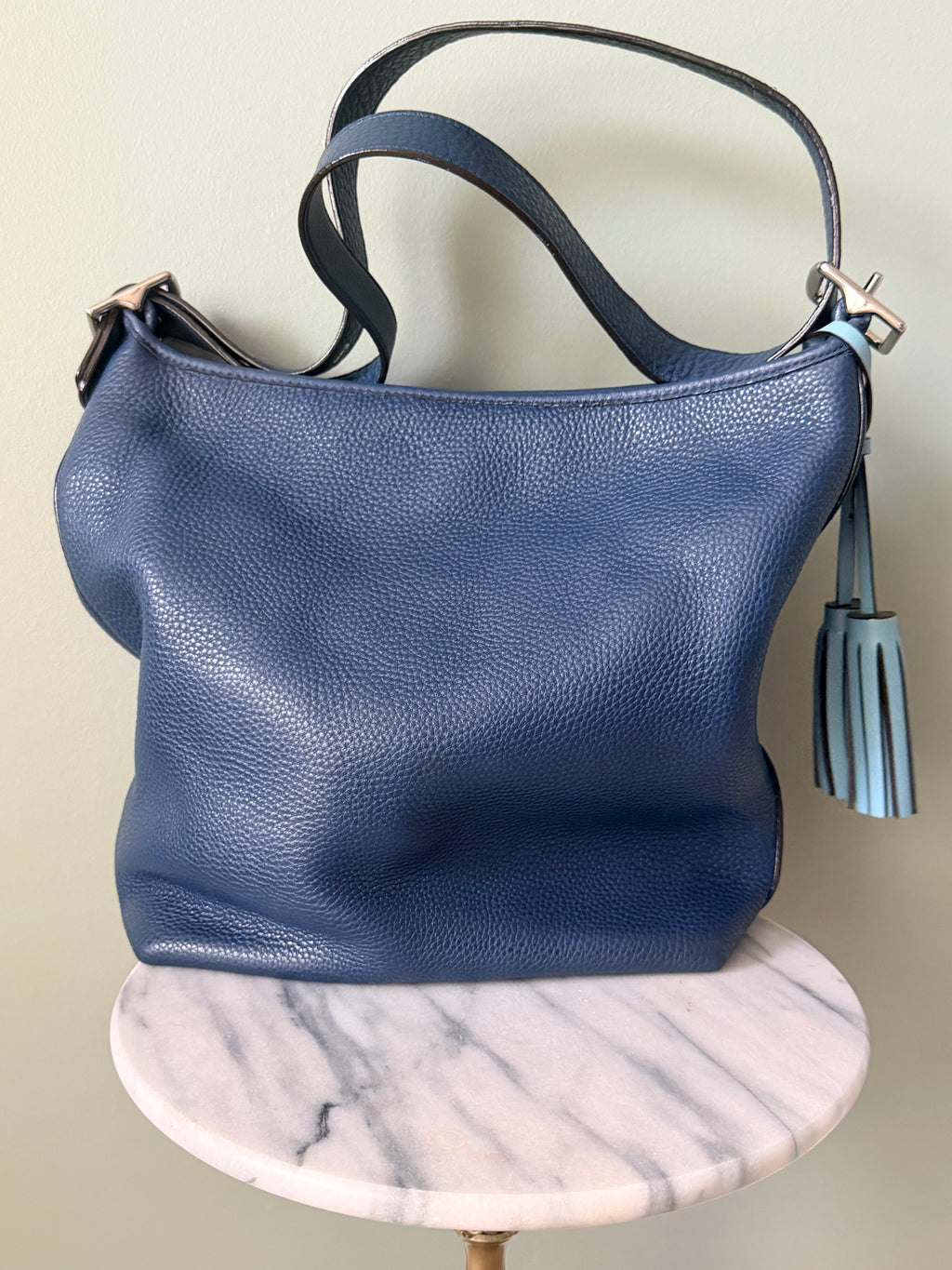 Coach Navy Blue Pebbled Leather Hobo Shoulder Bag Tassel Silver Hardware
