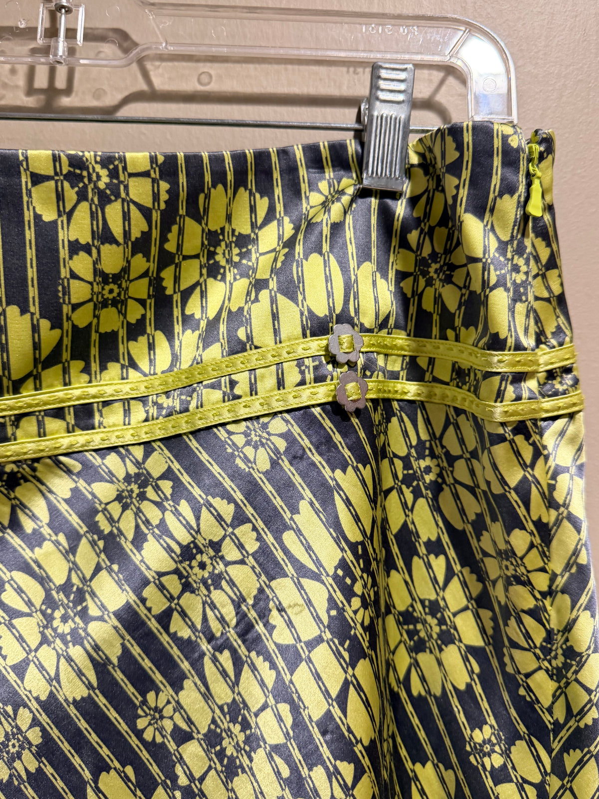 Ted Baker Silk Cotton Floral Midi Skirt Size 4 Yellow Gray