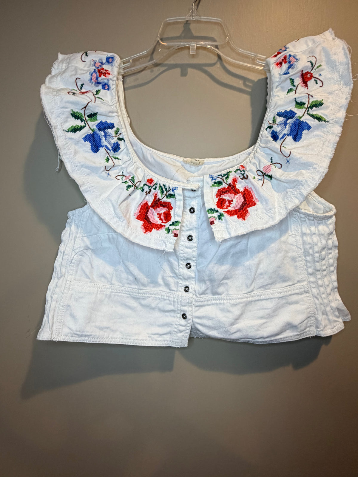 Pilcro White Embroidered Ruffle Camisole with Red and Blue Floral Accents