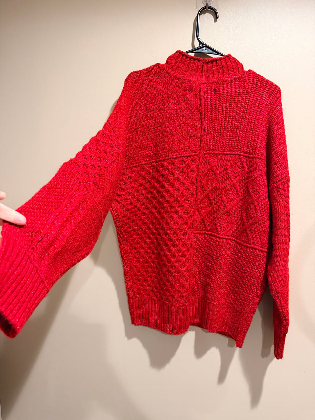 American Eagle Red Patchwork Cable Knit Mock Neck Sweater M