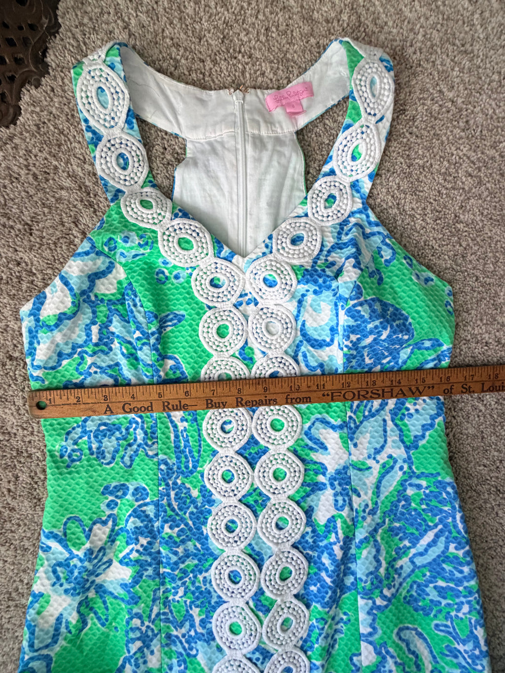 Lilly Pulitzer Size 6 Green Blue Floral Crochet Trim Shift Dress
