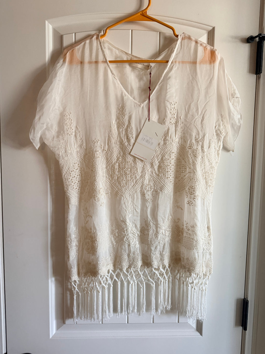 Johnny Was White Embroidered Fringe Tunic Boho Resort XS NWT