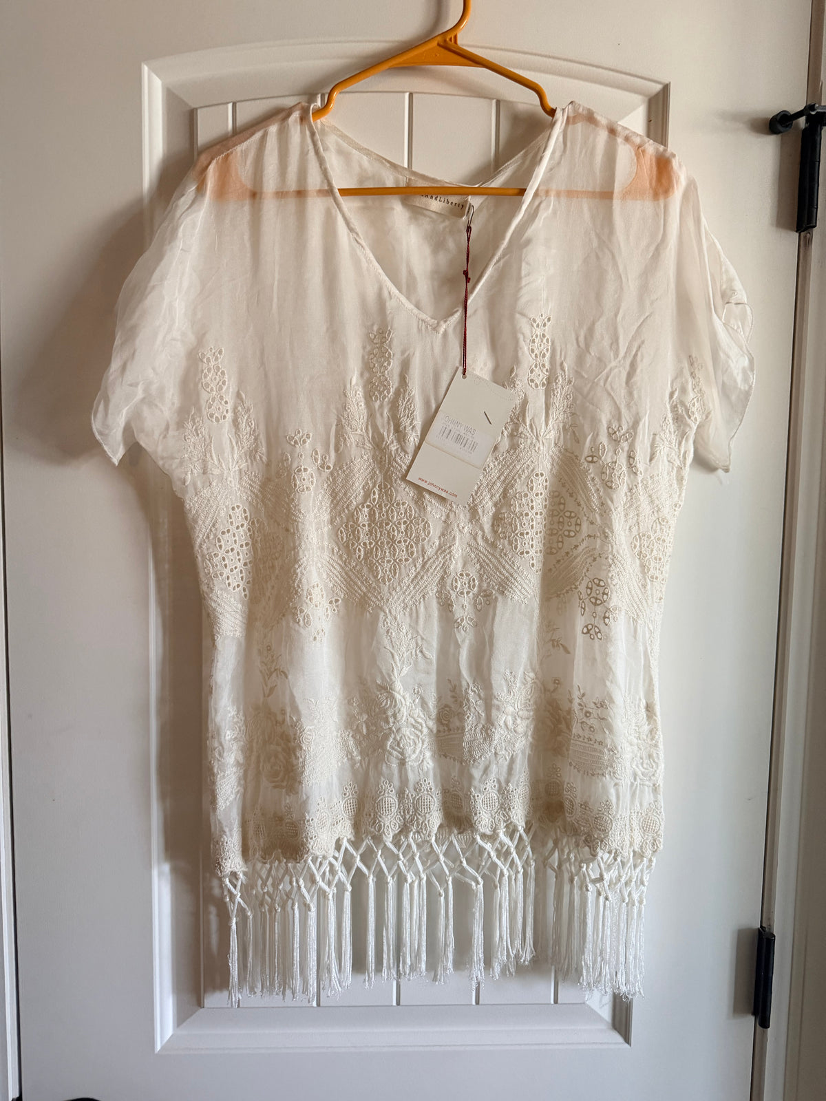 Johnny Was White Embroidered Fringe Tunic Boho Resort XS NWT