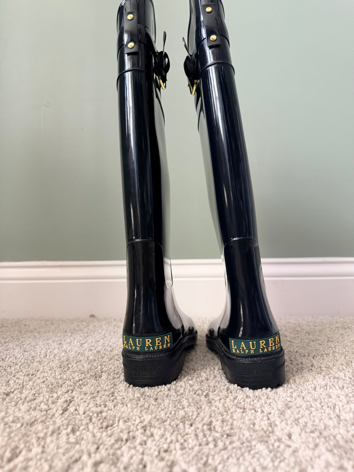 Lauren Ralph Lauren Rossalyn II Black Tall Rain Boots Gold Buckle Size 6B