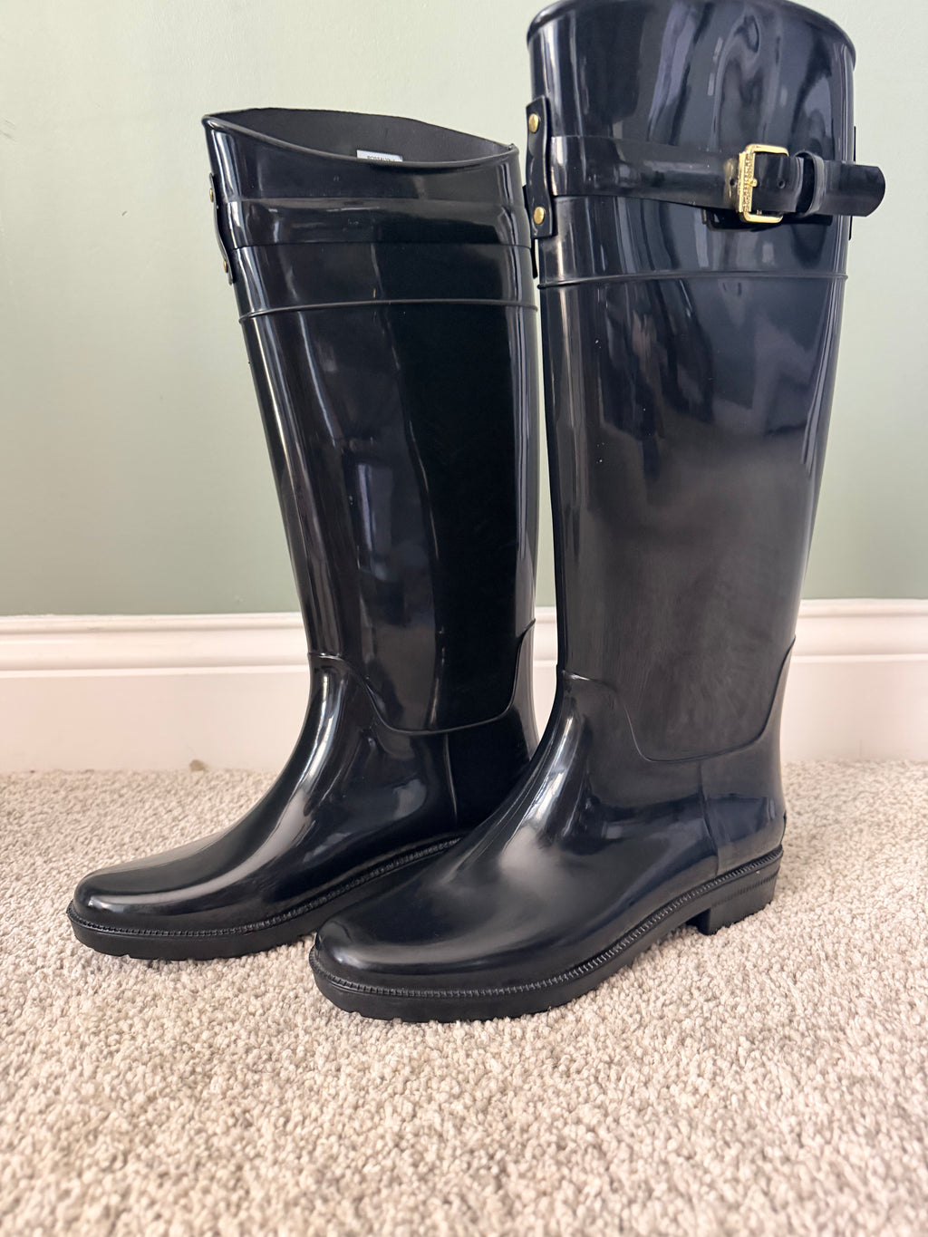 Lauren Ralph Lauren Rossalyn II Black Tall Rain Boots Gold Buckle Size 6B