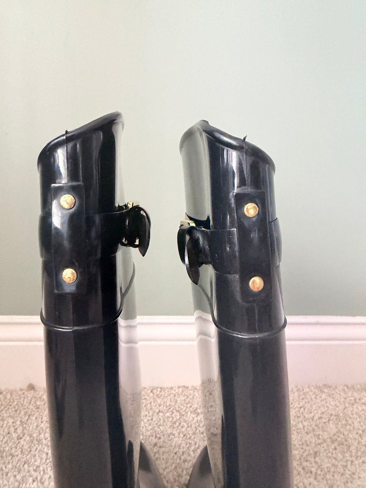Lauren Ralph Lauren Rossalyn II Black Tall Rain Boots Gold Buckle Size 6B