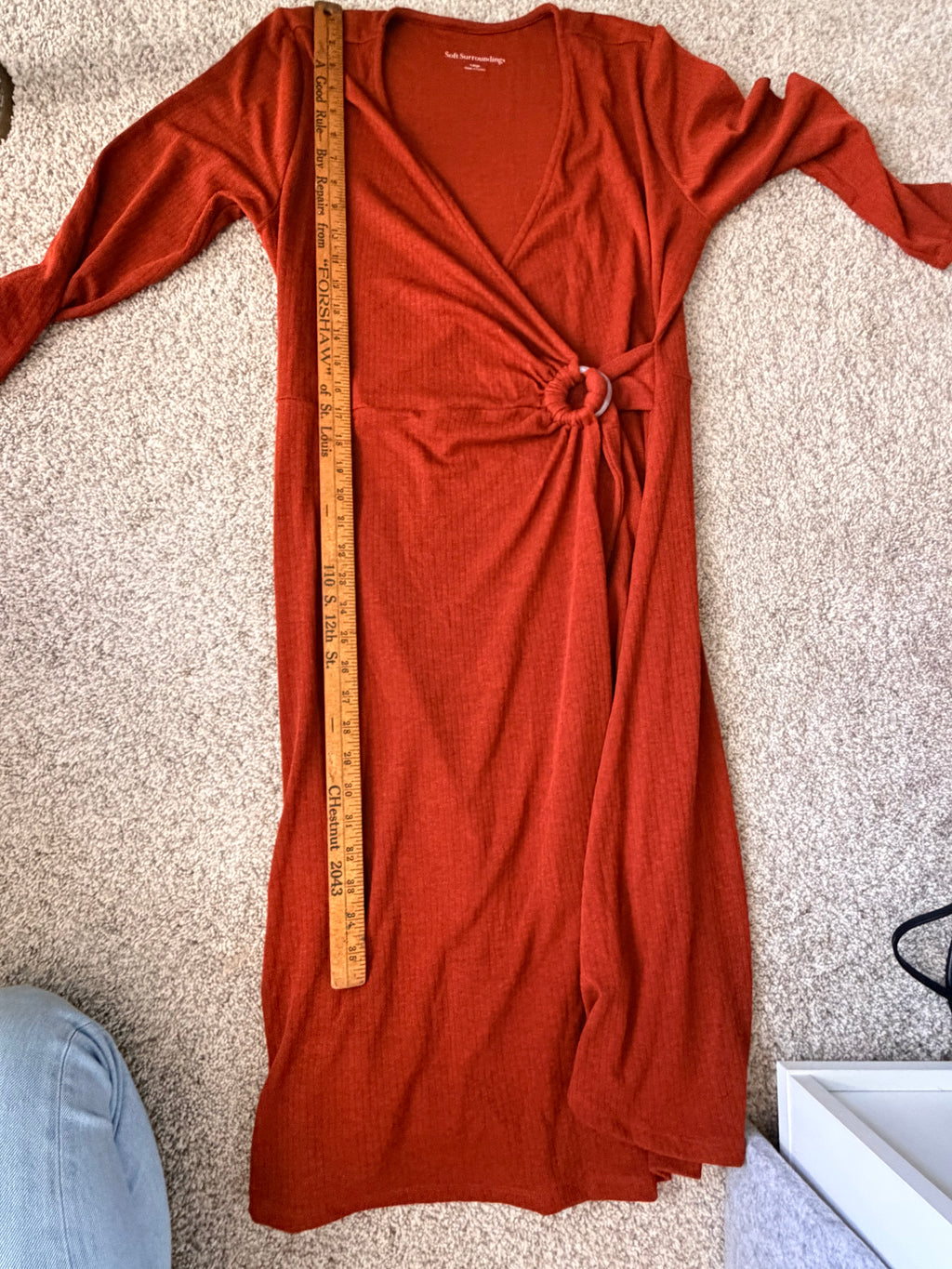 Soft Surroundings Large Rust Ribbed Ring Detail Wrap Maxi Dress Long Sleeve