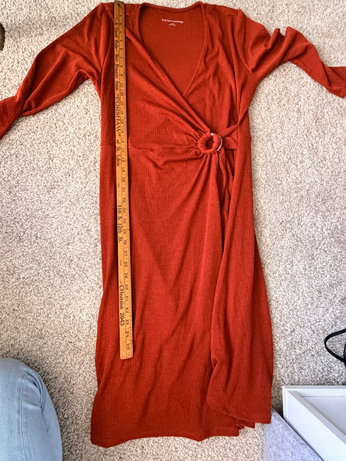 Soft Surroundings Large Rust Ribbed Ring Detail Wrap Maxi Dress Long Sleeve