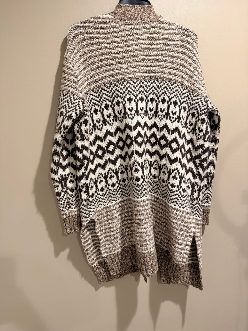 American Eagle Fair Isle Long Cardigan Sweater Brown Cream Boho M