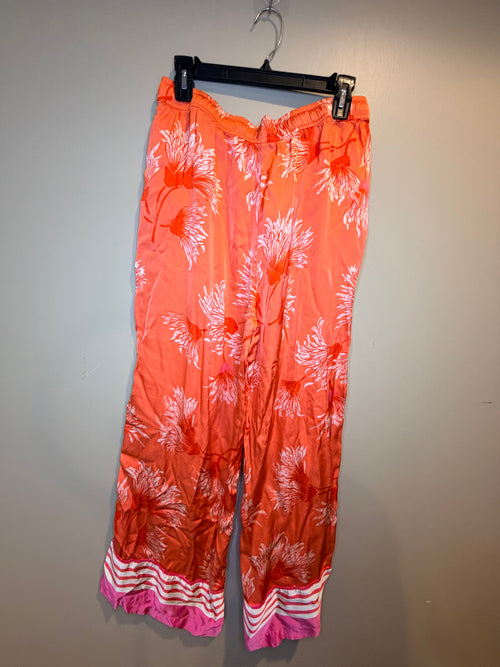 Anthropologie Coral and Pink Floral Wide-Leg Drawstring Pajama Pants