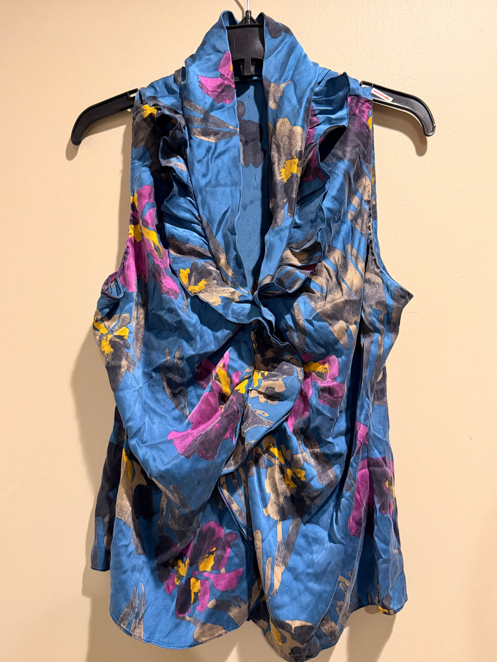 Elie Tahari Silk Floral Ruffle Sleeveless Blouse Blue Purple 95% Silk