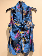 Elie Tahari Silk Floral Ruffle Sleeveless Blouse Blue Purple 95% Silk