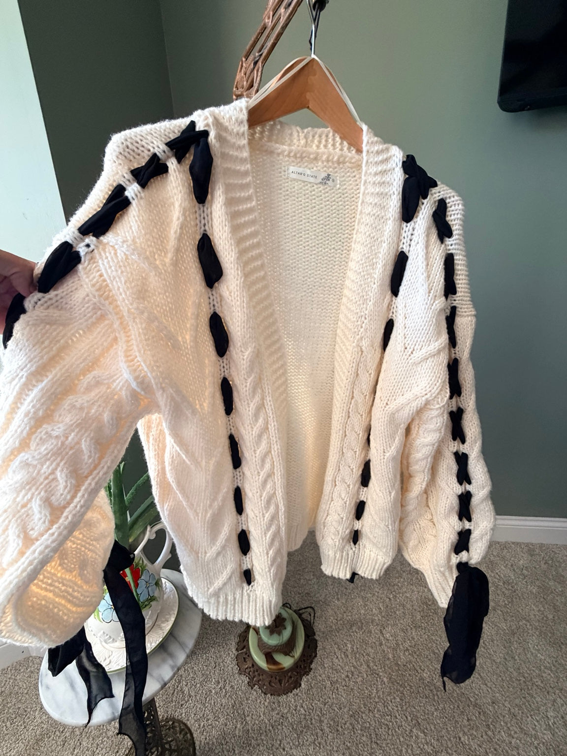 Altar'd State cream cardigan black ribbon detail