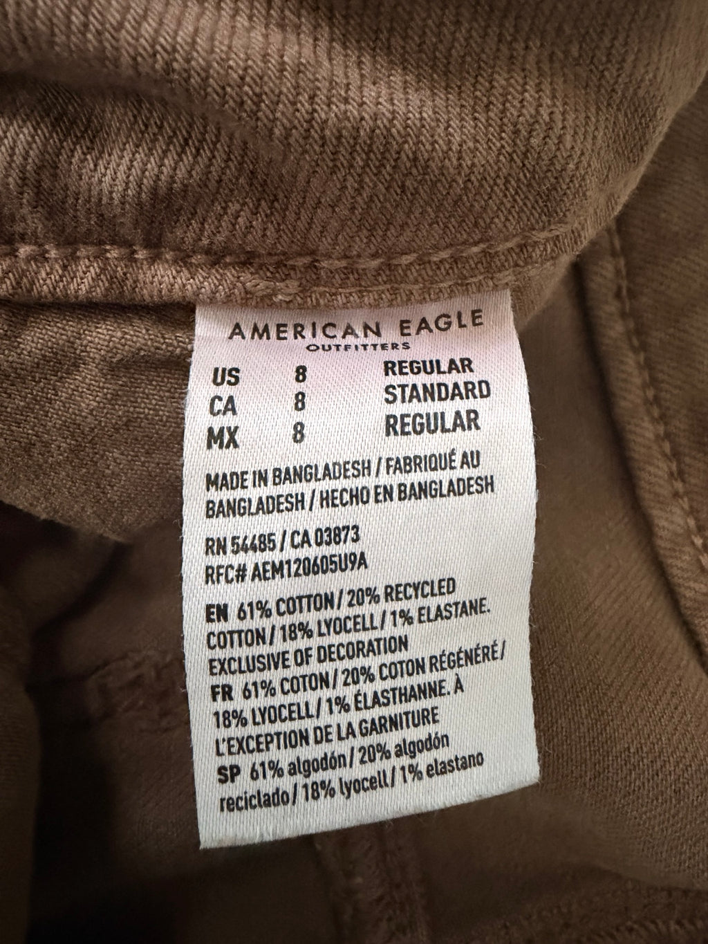 American Eagle brown utility pants size and fabric label