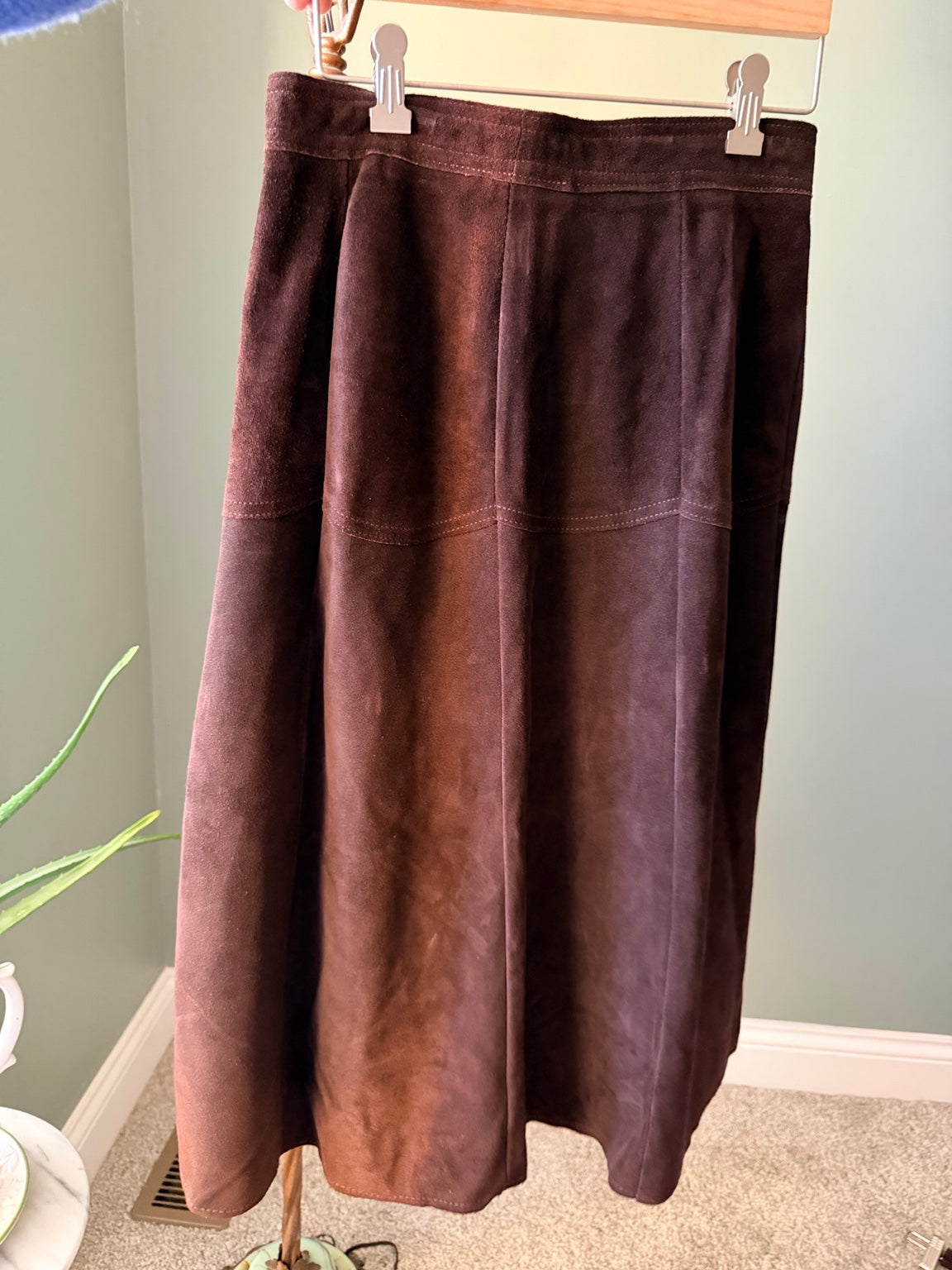 Chocolate brown genuine leather midi maxi skirt back