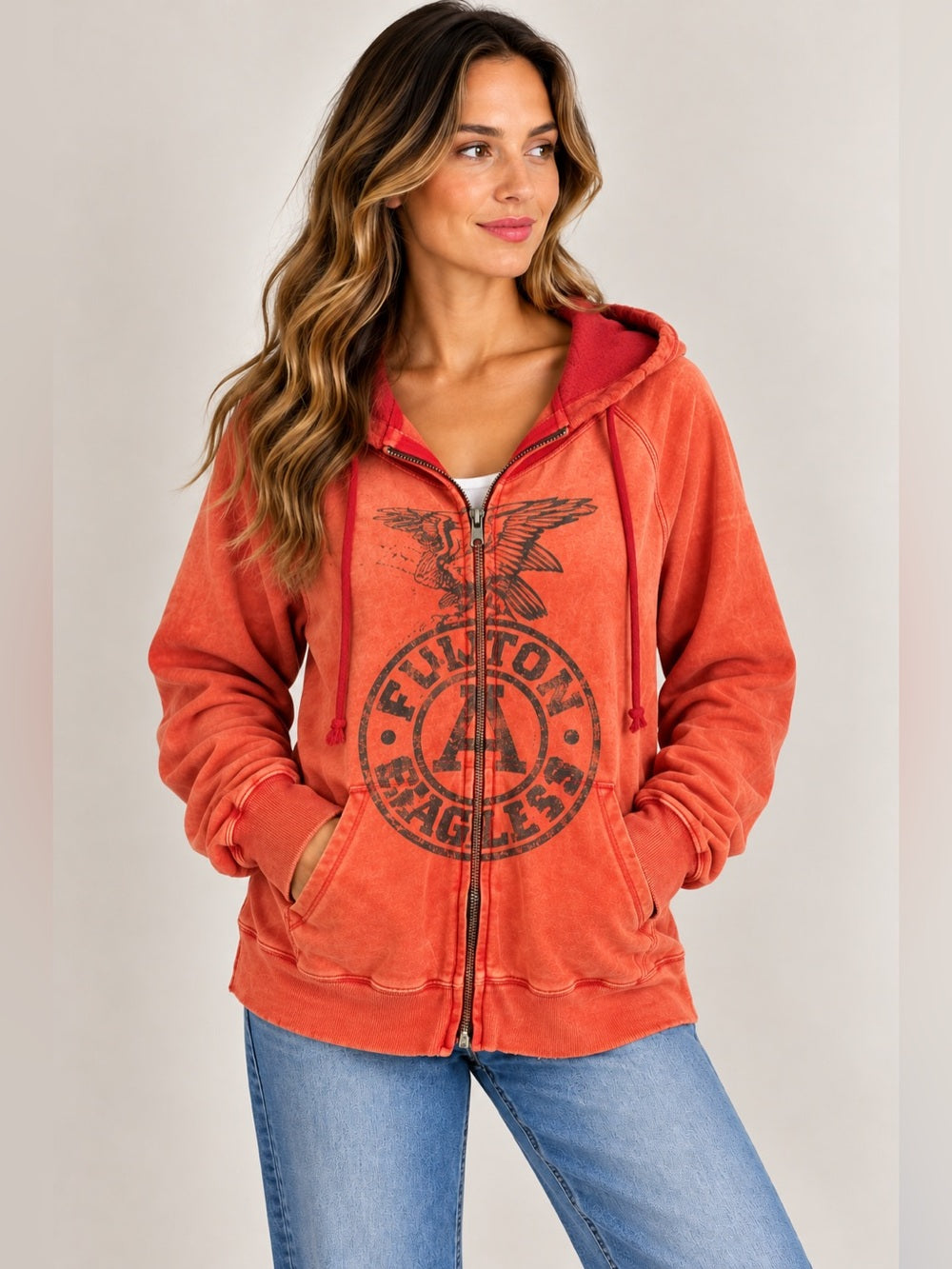 We The Free Free People Faded Orange Eagle Graphic Zip Hoodie Womens L GT-0211