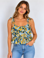 GT-54 MINE Blue Yellow Floral Leaf Tie Strap Camisole Ruffle Hem Boho L