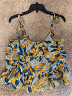 GT-54 MINE Blue Yellow Floral Leaf Tie Strap Camisole Ruffle Hem Boho L