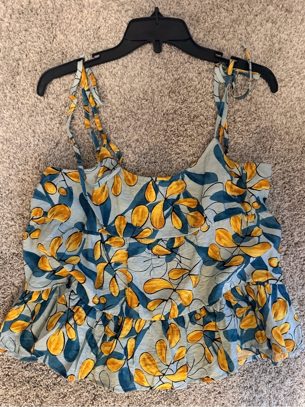 GT-54 MINE Blue Yellow Floral Leaf Tie Strap Camisole Ruffle Hem Boho L