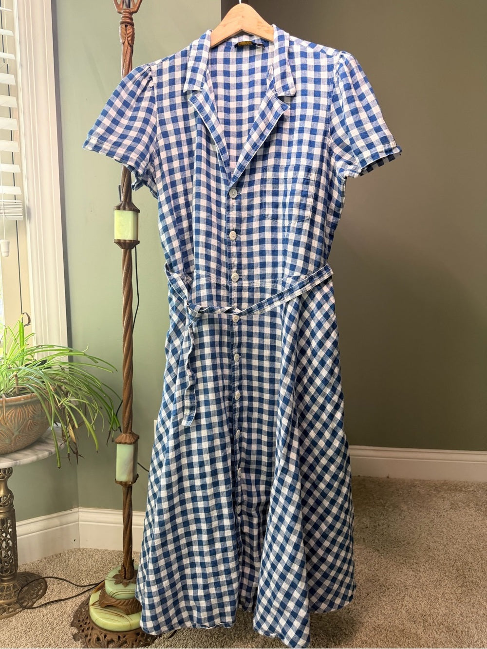 GT-0128 Polo Ralph Lauren 100% Linen Gingham Maxi Shirt Dress 14 Belted