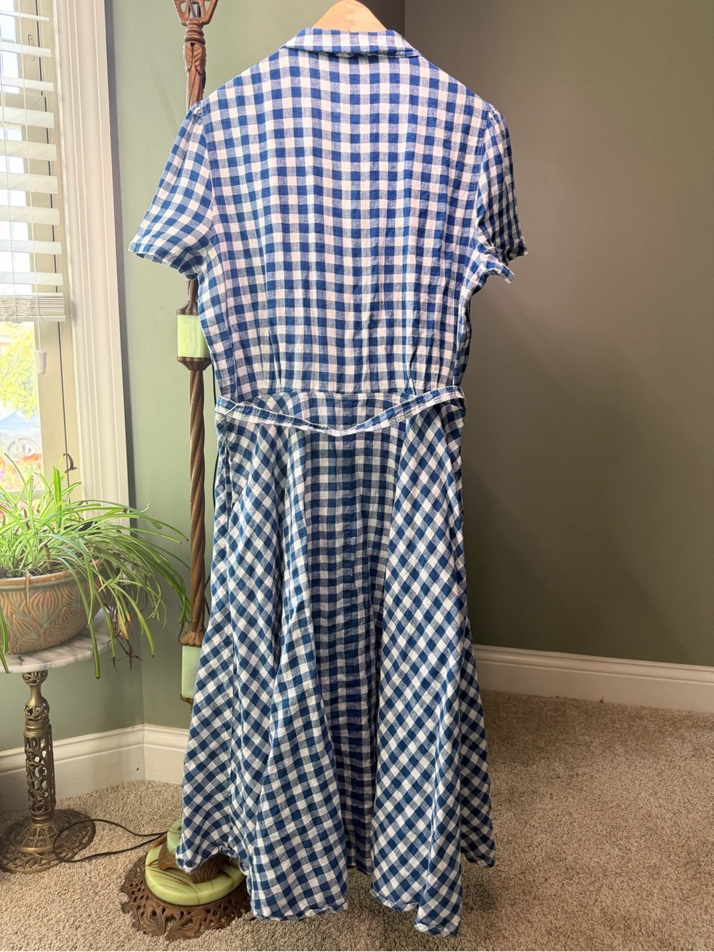 GT-0128 Polo Ralph Lauren 100% Linen Gingham Maxi Shirt Dress 14 Belted