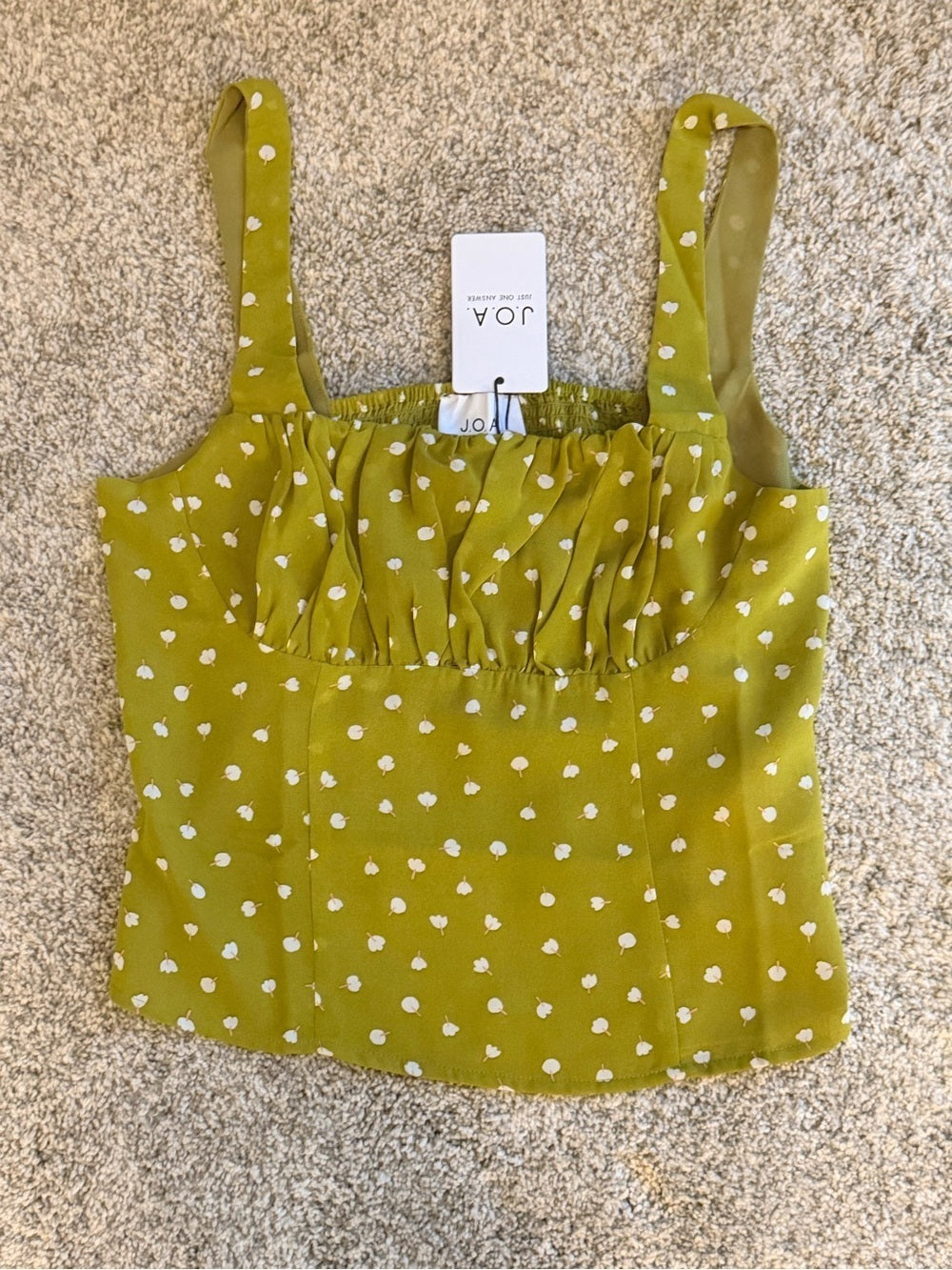 GT-61 J.O.A. Olive Green White Polka Dot Smocked Ruffle Camisole Top
