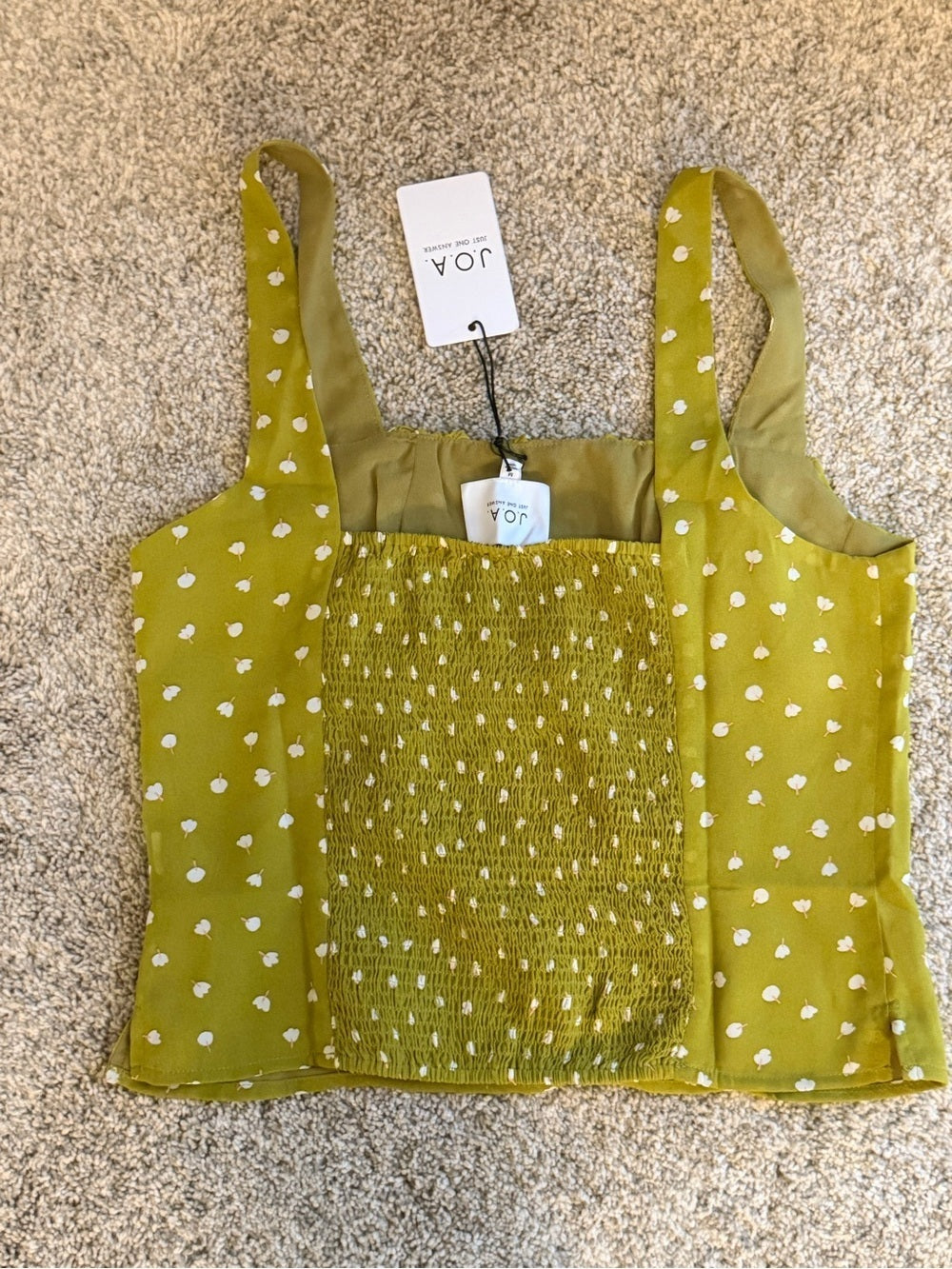 GT-61 J.O.A. Olive Green White Polka Dot Smocked Ruffle Camisole Top