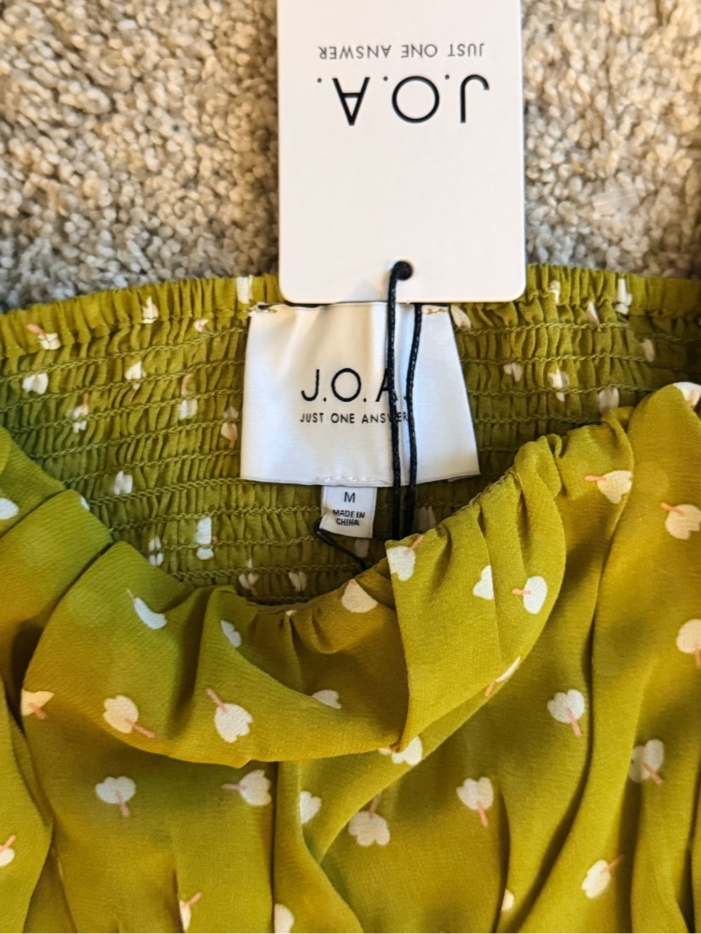 GT-61 J.O.A. Olive Green White Polka Dot Smocked Ruffle Camisole Top