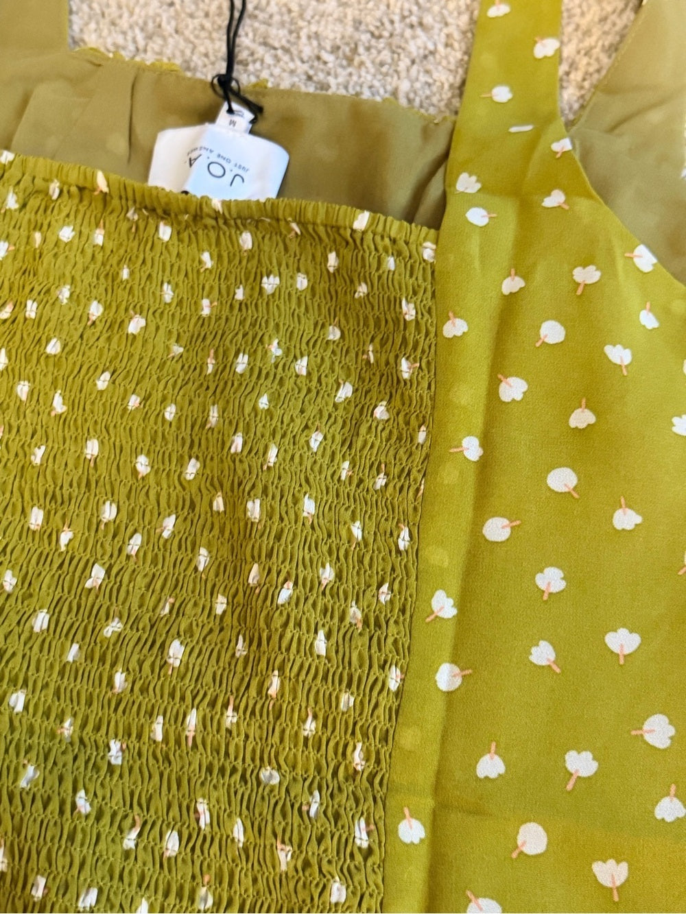 GT-61 J.O.A. Olive Green White Polka Dot Smocked Ruffle Camisole Top