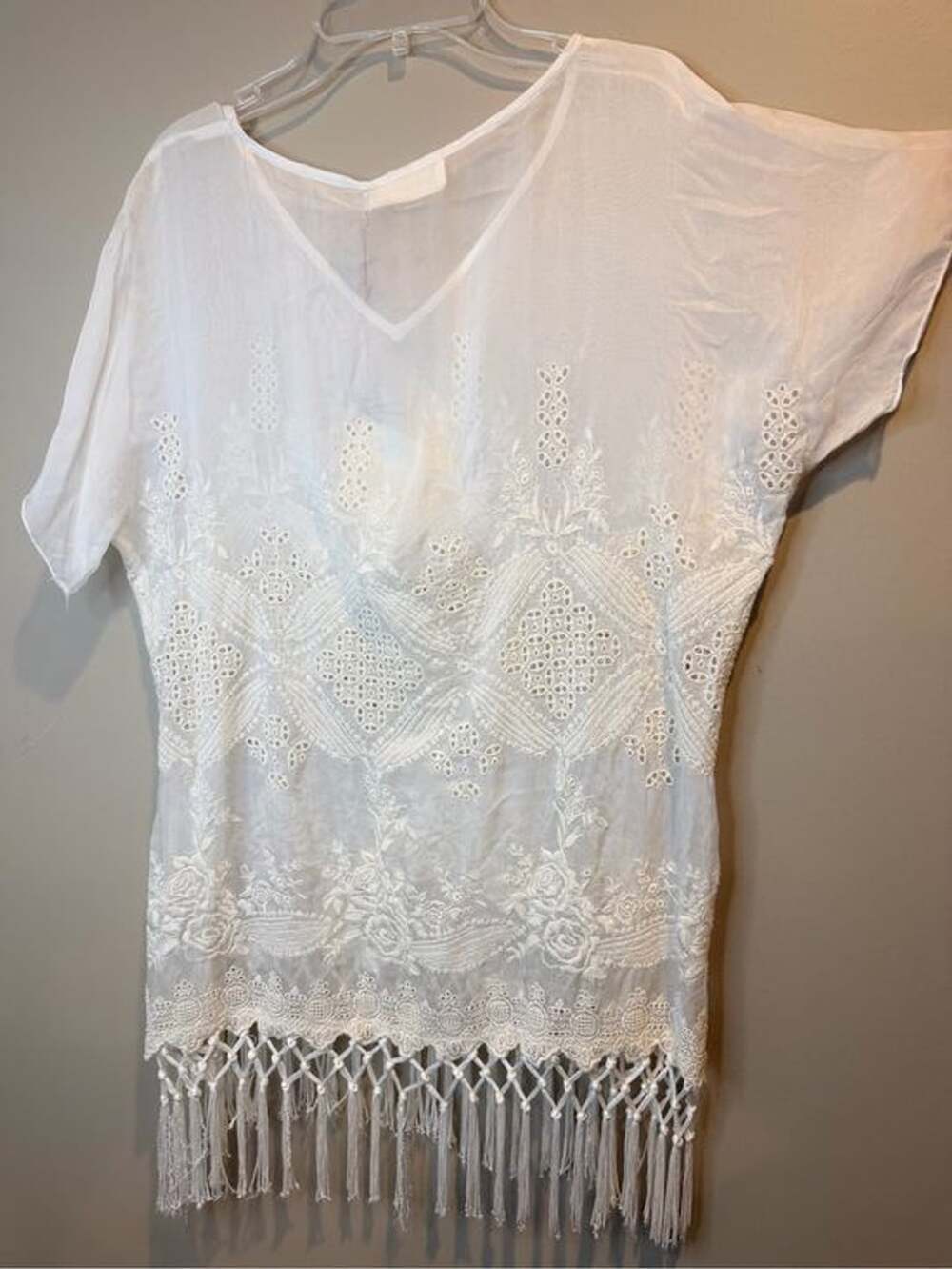Johnny Was White Embroidered Fringe Tunic Boho Resort XS NWT